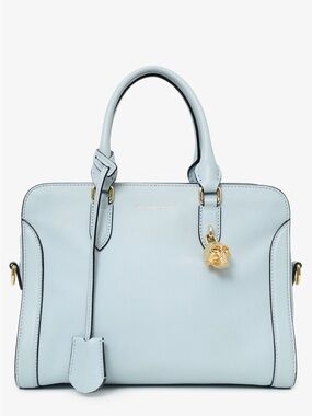 Alexander McQueen Pale Blue Leather Top-Handle Satchel with Gold Skull Charm